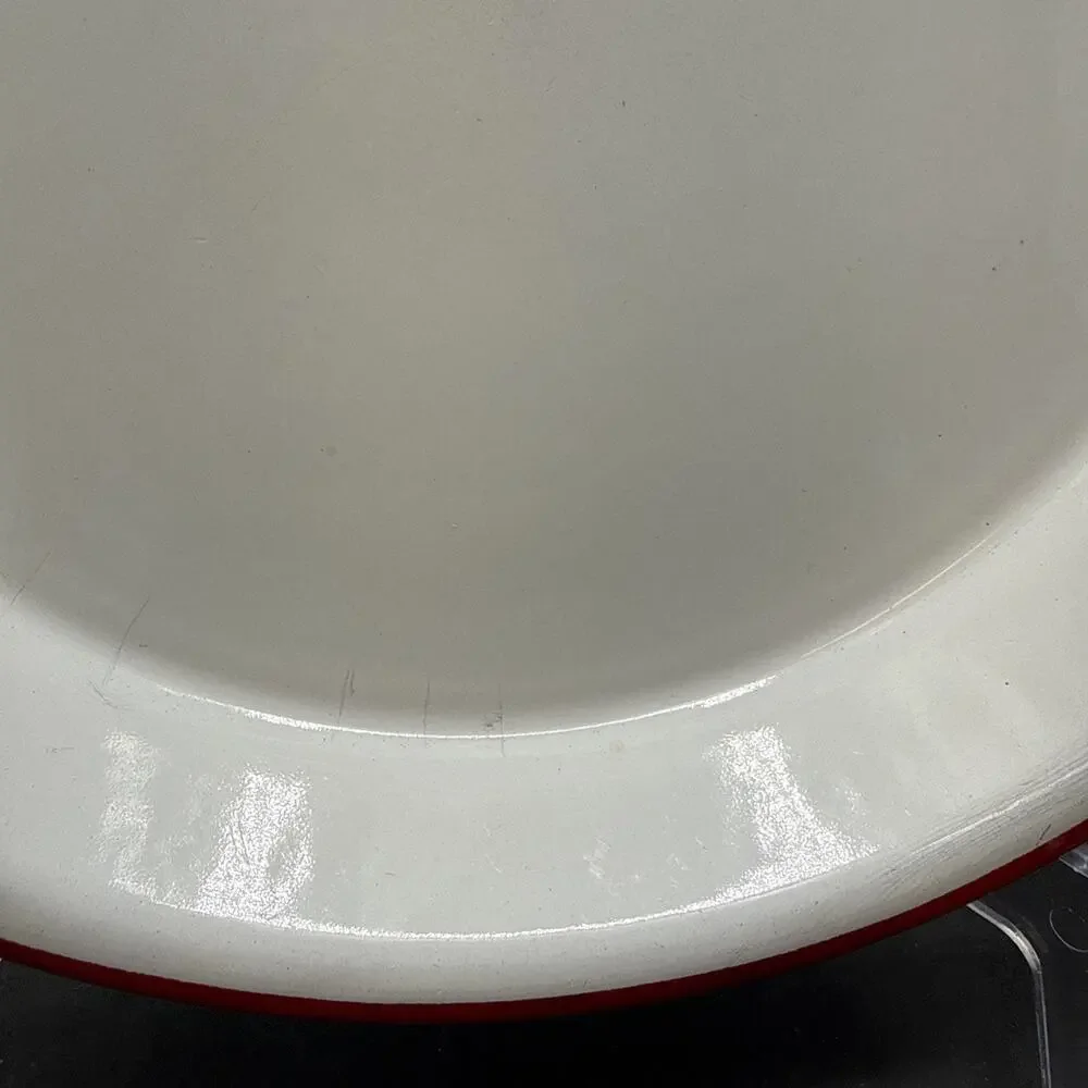 Vintage White Red Rim Enamelware Dinner Plate Farmhouse Camp Rustic 10 Inch